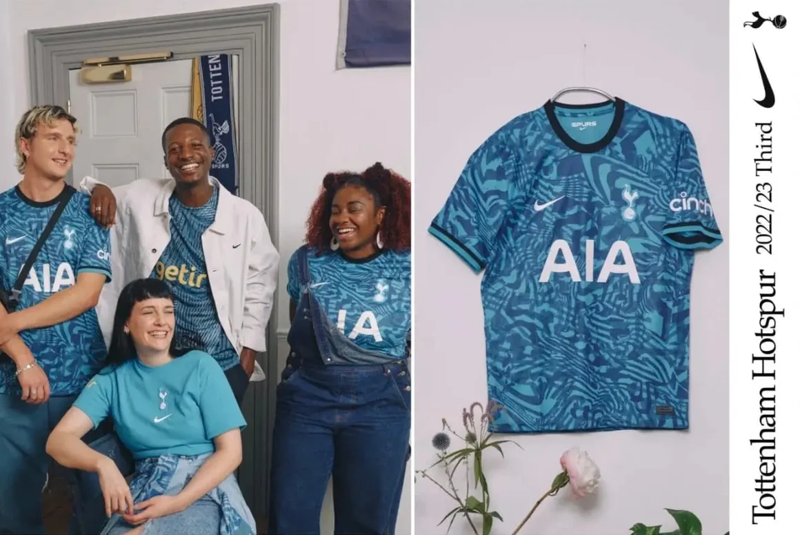 Friends in the Spurs 2022/23 third kit beside the shirt hung on a wall, with the Tottenham Hotspur 2022/23 Third title